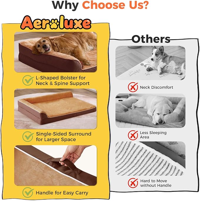 Dog Bed Large Sized Dogs, Orthopedic Dog Bed for Large Dogs, Waterproof Pet Bed with Washable Removable Cover, L-Shaped Pet Couch with Portable Handle 36"x27"x6.5", Brown - Image 3