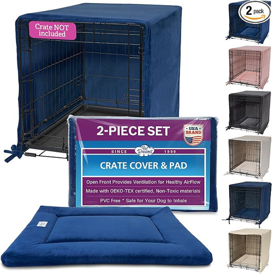 Pet Dreams Dog Crate Cover & Mat- Breathable Non-Toxic Kennel Topper for Single-Door Crates, Fits iCrate Dog Cages 18, 24, 30, 36, 42, 48 Inches (Blue, Medium, 30“) by PetDreams