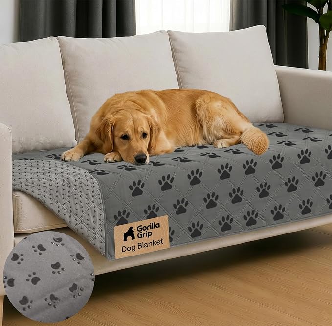 GORILLA GRIP® Waterproof Dog Blanket, Leakproof Couch Cover for Dogs, Silicone Grip Backing, Protects Sofa, Sectional, Bed, Crate, Car & RV, Tear-Resistant Washable Senior Pet Blanket, 30x70 Gray Paw by Unknown