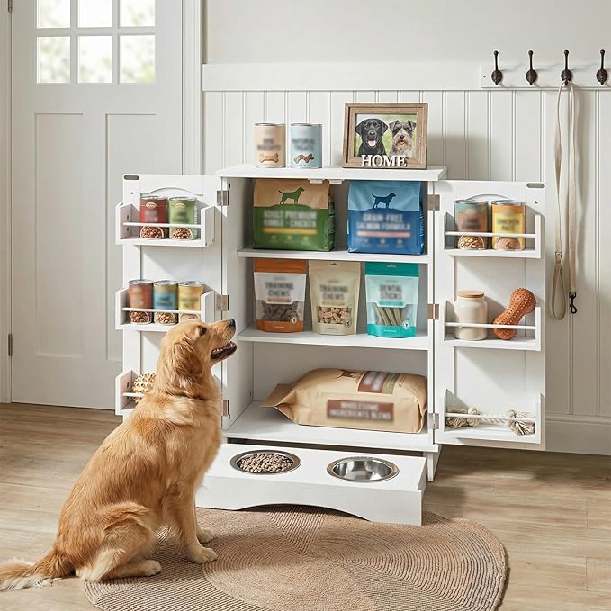 NEWOWNDS 32" H Dog Feeding Station with Storage with Adjustable Shelves | Pet Food Storage Cabinet with 2 Elevated Bowls,Hooks & Letter Stickers,Hidden Dog Feeding Organizer for Cats and Dogs,White by NEWOWNDS