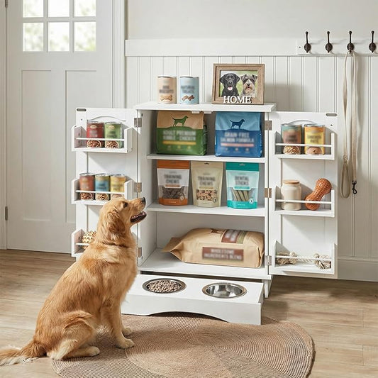 NEWOWNDS 32" H Dog Feeding Station with Storage with Adjustable Shelves | Pet Food Storage Cabinet with 2 Elevated Bowls,Hooks & Letter Stickers,Hidden Dog Feeding Organizer for Cats and Dogs,White by NEWOWNDS