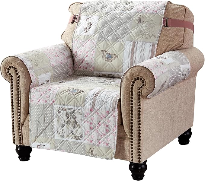 Brilliant Sunshine Grey Cupid & Pink Roses Couch Armchair Cover, 23" seat | Patchwork Design, Non Slip Sofa Cover, Quilted Furniture Protector, Washable Chair Slipcover for Pets, Dogs & Cats - Image 3