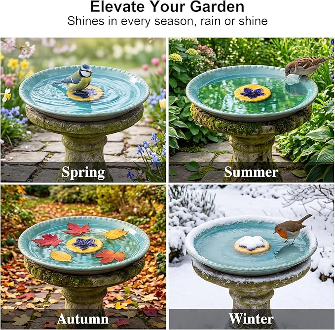Topadorn 2" Depth Ceramic Birdbath & Birdfeeder for Small Birds Outdoors | 12.2'' Bird Bath Bowl For Vintage Garden Patio Yard Lawn Decor, Blue with Yellow Flower - Image 2