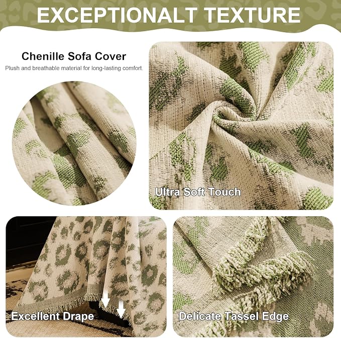 VClife Bohemian Couch Cover, Large Leopard Couch Covers for Dog, Soft Animal Print Furniture Protector for Sofa Bed, 1 Piece Large Couch Cover for 2 Cushion Couch Sofa, Washable, Non-Pilling, Green - Image 3