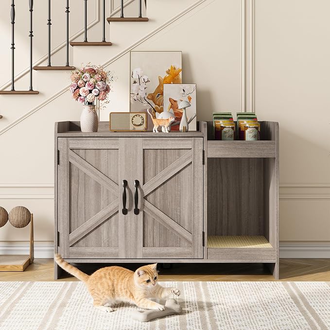Halitaa Cat Litter Box Enclosure, Hidden Litter Box Furniture with Scratch Pad and Storage, Modern Indoor Cat House with Divider, Side End Table, Grey - Image 4
