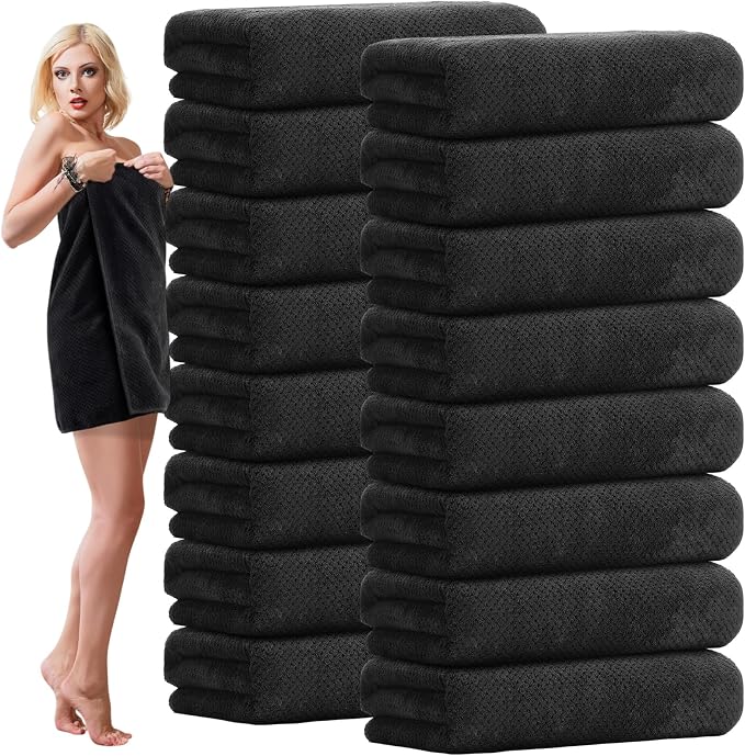 SmoothNovelty 16 Pack Microfiber Bath Towels Bulk 27'' x 60'' Oversized Size Bath Towel Highly Absorbent Extra Large Soft Drying for Beach Shower Summer Salon Sport Gym Party (Lattice,Black) by SmoothNovelty