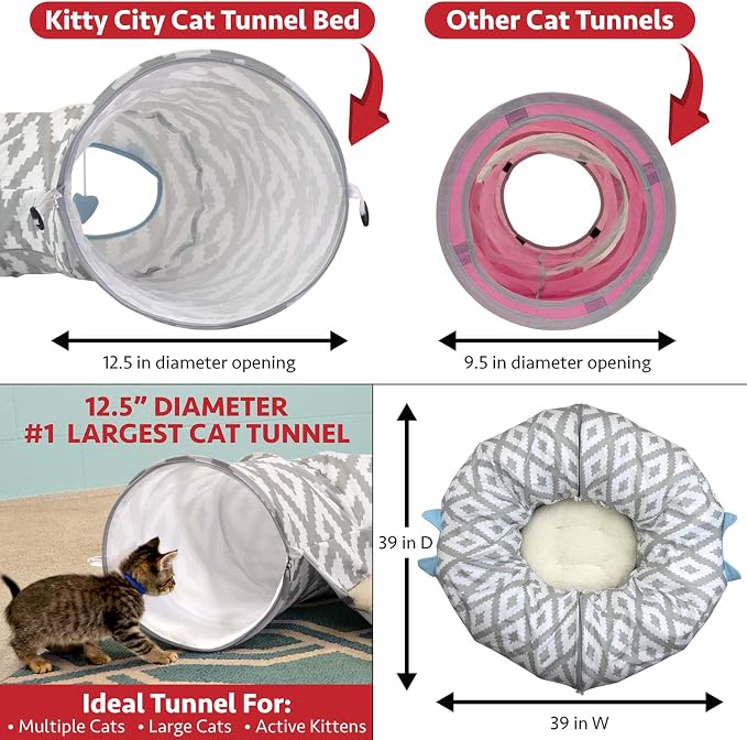 Kitty City Large Cat Tunnel Bed, 2-in-1 Zip-Together Cat Play Tunnel & Plush Nap Bed, Pop-Up Indoor Cat Toy with Hanging Toys, Collapsible Design - White - Image 5