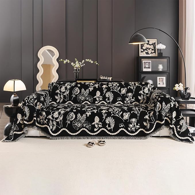 STACYPIK Vintage Botanical Print Couch Cover for Dogs, Jacquard Floral Black Sofa Covers for 3 Cushion Couch, Farmhouse Chenille Couch Protector for Loveseat, Sectional Slipcovers Washable-71X150IN by STACYPIK