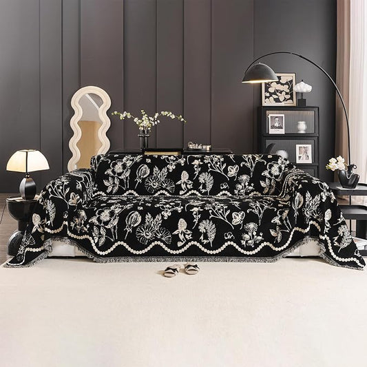 STACYPIK Vintage Botanical Print Couch Cover for Dogs, Jacquard Floral Black Sofa Covers for 2 Cushion Couch, Farmhouse Chenille Couch Protector for Loveseat, Sectional Slipcovers Washable-71X118IN by STACYPIK