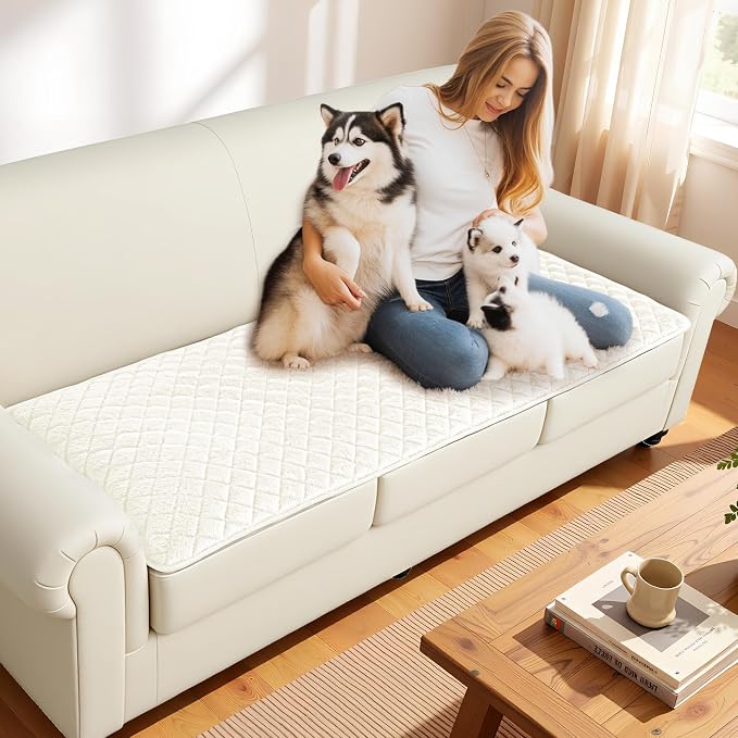 ALIECOM Sofa Cover Waterproof Couch Cover for Dogs Washable Velvet Sofa Slipcovers for 3 Cushion Couch Pet Friendly Non Slip Living Room Furniture Protector (Creamy White, 27.6" x 82.7") - Image 7