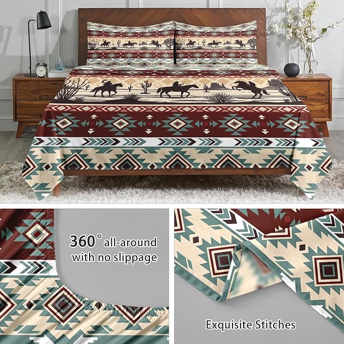 WeCozy King Size Bed Sheet Sets with Pillowcases, Tribal Cowboy Horses 4 Pcs Soft Microfiber Bedding for Kids and Adults, Retro Vintage Western Flat, Fitted Sheet for Bedroom Bed Decor - Image 5