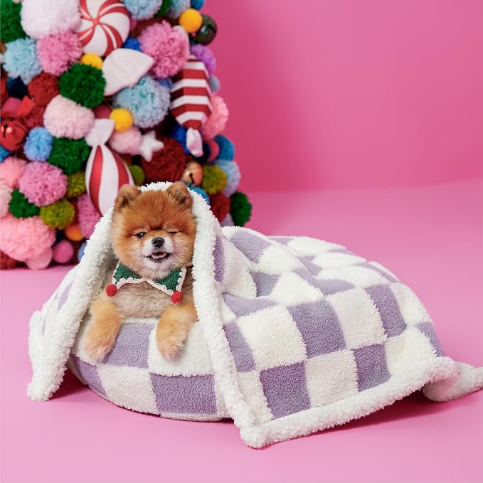 LE SURE Waterproof Dog Blankets for Small Dogs Cute Cozy 3D Jacquard,25x35 | Puppy Blanket for Cat Aesthetic Gift, Warm Soft Sherpa Throw Washable, Reversible Pet Couch Protector, Lavender Checks - Image 2