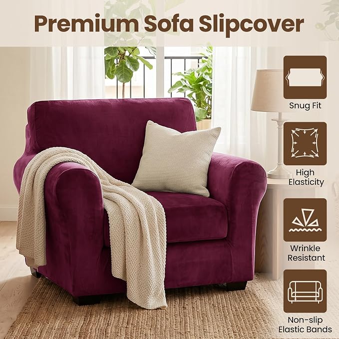XINEAGE 2-Piece Velvet Armchair Sofa Cover, Couch Covers for Dog,Wine Red | 1 Cushion Chair,Stretch Non-slip Elastic, Pet-friendly, Washable, Fast Setup, Soft Plush Fabric, Furniture Protector. - Image 2