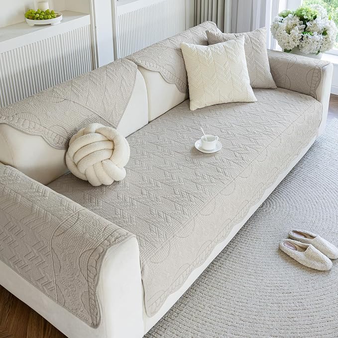Cotton Quilted Pet Couch Covers for Sofa Farmhouse Rustic Floral Embroidery Sectional Couch Cover Soft Anti-Slip Sofa Slipcover Furniture Protector for Kids, Dogs, Pets (Khaki,28"x82") - Image 5