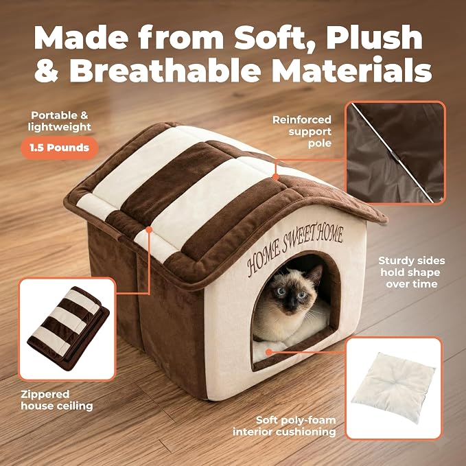Best Pet Supplies Cat Bed for Indoor Cat, Domed Tent House with Removable Pillow, Covered Cat Cave for Small Dog, Puppies and All Breeds of Cats - Beige w/ Brown Stripes, 16 x 16 x H:14" - Image 3