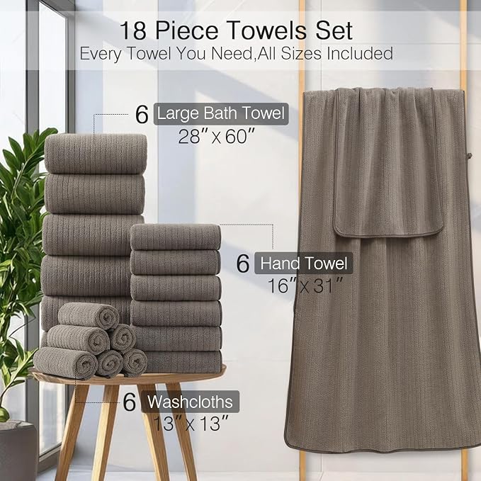 18 Piece Family Bath Towel Set Include 6 Bath Towels,6 Hand Towels and 6 Washcloths Soft Bathroom Towel with Hanging Loops,Highly Absorbent Quick Dry Towels Set for Bathroom,Hotel and Spa-Brown - Image 3