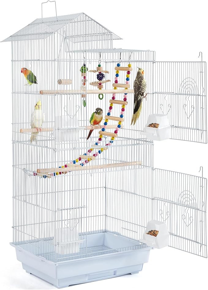 Yaheetech 39-inch Roof Top Medium Parakeet Bird Cages for Cockatiels Conures Finches Budgies Canaries Lovebirds Parakeets Green Cheek Small Birds Parrots, Travel Flight Birdcage w/Toys, White by Unknown
