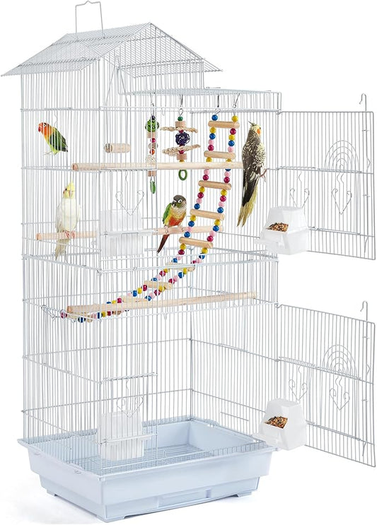 Yaheetech 39-inch Roof Top Medium Parakeet Bird Cages for Cockatiels Conures Finches Budgies Canaries Lovebirds Parakeets Green Cheek Small Birds Parrots, Travel Flight Birdcage w/Toys, White by Unknown