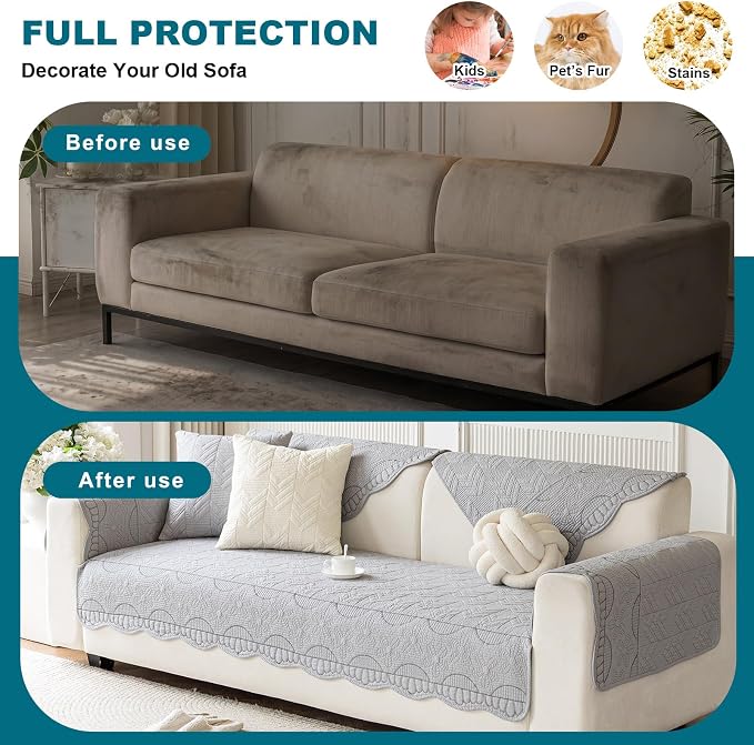 KRFOONN Cotton Quilted Dog Couch Cover for Sofa (04, 2PC 27.6" x 27.6") | Farmhouse Embroidery Sectional Couch Cover Washable, Soft Non Slip Sofa Slipcover Cushion Furniture Protector for Kids, Pets - Image 5