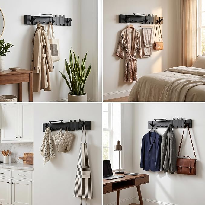 Mid Century Modern Wood Coat Rack Wall Mount with Shelf, 9 Hooks, Black | Wood and metal wall rack with fold-down piano-key hooks and display shelf organizes coats, bags, keys and decor up to 25 lb. - Image 5