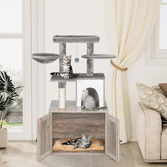 Snughome Cat Litter Box Enclosure with Tree Tower and Condo, Hidden Washroom Furniture with Sisal Scratching Post and Soft Plush Perch, Wooden Cat Furniture with Multiple Platforms, Grey - Image 4