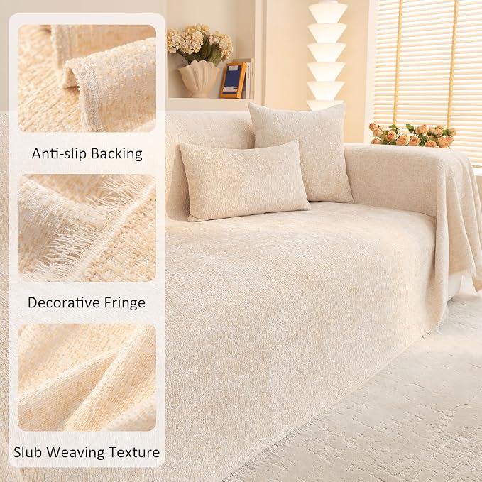 Creamy Beige Durable Slub Chenille Couch Cover XL 71x134’’ | for All Shape Sofa Couch Sofa-Bed Slub Furniture Protector Machine Washable, Solid Beige Sofa Slipcover for Dog Pet Kid - Image 4