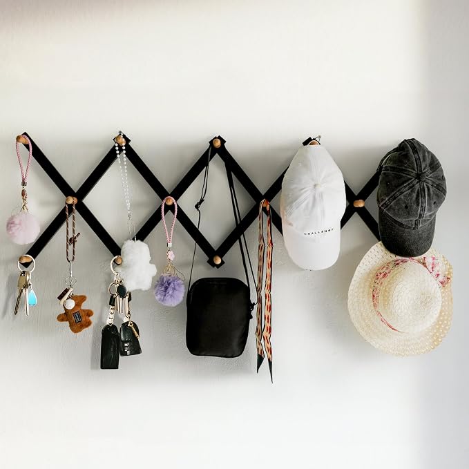 SKOLOO Hat Rack for Wall with 14 Hooks, Solid Wooden, Modern, Expandable Coat Rack Wall Mount for Coats, Hats, Bags, Baseball Caps, Natural on Black - Image 3