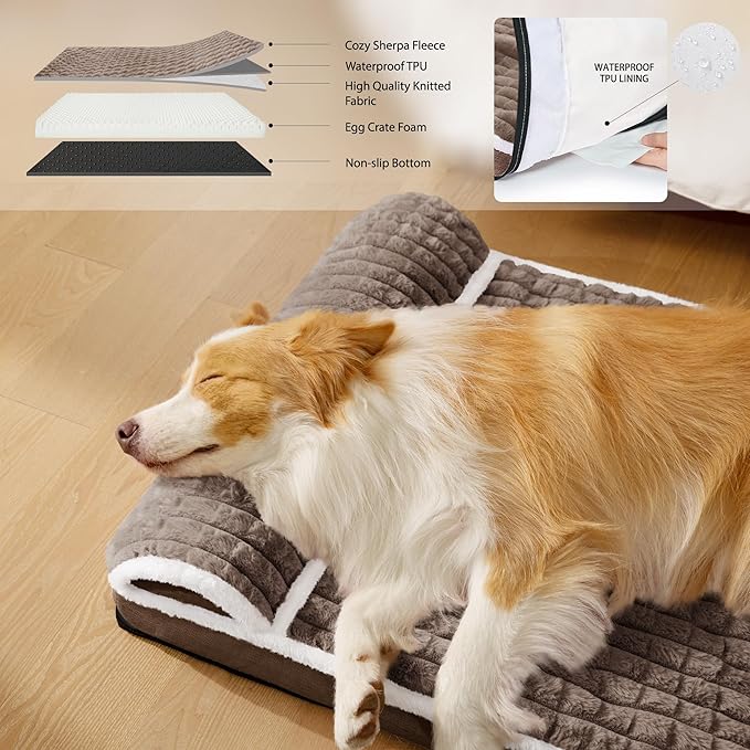 Orthopedic Medium Dog Bed Pillow Pet Sofa Bed 30''X20'' Taupe | Egg-Crate Foam Pet Couch Medium Size Dog, Waterproof Removable Washable Cover,Furry Puppy Crate Mat With Nonskid Bottom - Image 3