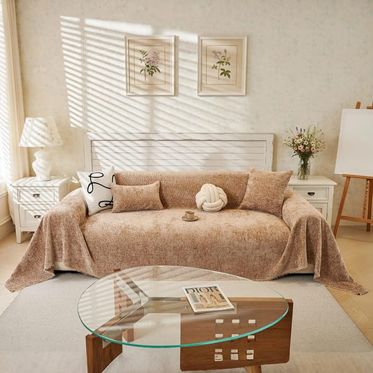 XXL Khaki Couch Cover for Dog Scratch Non Slip Chenille Sofa Cover | Solid Wear Resistant Furniture Protector for Home Decor, Suitable for Chairs, Loveseat, L-Shaped Sofas, Tassels Design by REYOSGetCozyLife