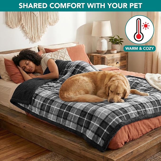 PetAmi Waterproof Dog Blanket for Couch, Extra Large 80x60, Pee Proof Sherpa Fleece Reversible Pet Throw, Furniture Protector for Bed Sofa Crate Kennel, Soft Washable Cover for Dogs Cats, Plaid Grey - Image 4