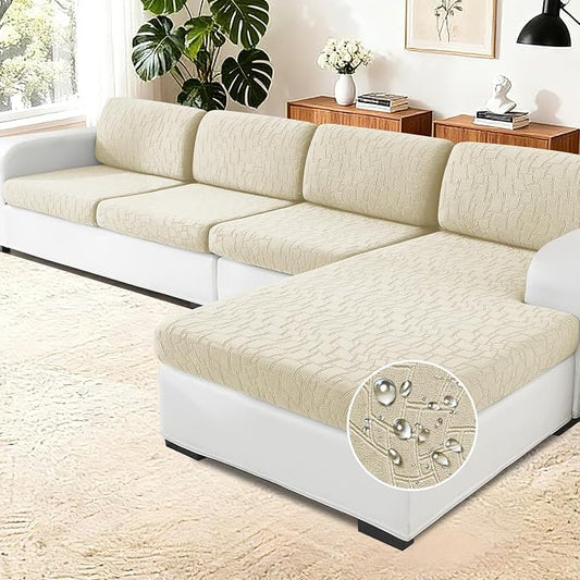 MAXIJIN Waterproof Sectional Couch Cover 4 Pieces Stretch Couch Cushion Covers for Sectional Sofa L Shape Seat Slipcovers with Elastic Bottom for Dog Pet (3 Seater + 1 Chaise, Beige) by MAXIJIN