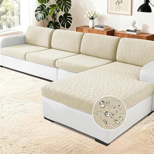 MAXIJIN Waterproof Sectional Couch Cover 3 Pieces Stretch Couch Cushion Covers for Sectional Sofa L Shape Seat Slipcovers with Elastic Bottom for Dogs Pets (2 Seater + 1 Chaise, Beige) by MAXIJIN