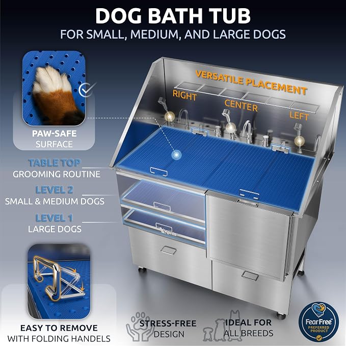 KANIS Professional Dog Washing Station 304 Stainless Steel Pet Wash Sink | Grooming Bathtub w/Shower, Floor Grates and Storage for Large, Medium & Small Pets - Image 6
