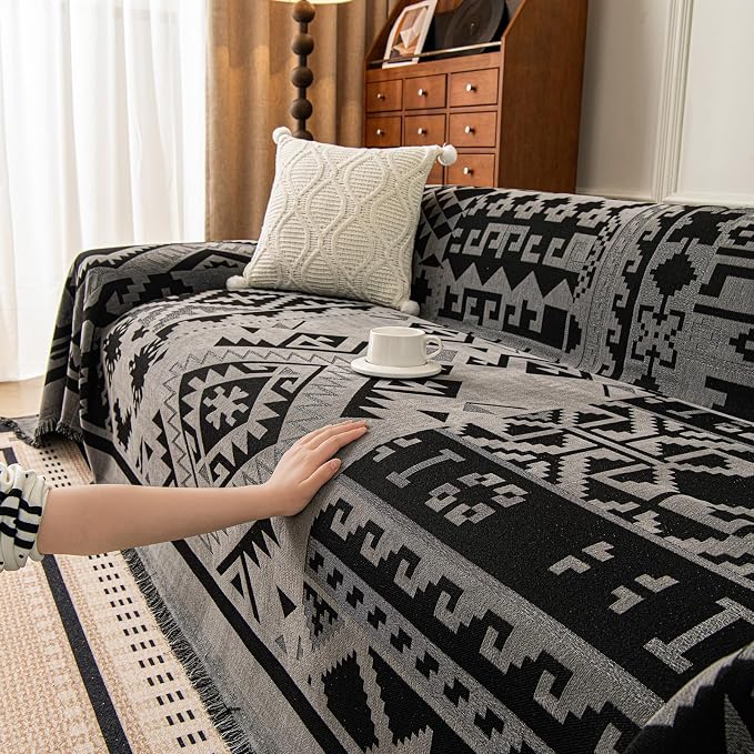 VClife Boho Couch Cover, Aztec Sofa Cover for Dog, Non Slip Washable Couch Covers for 3-4 Cushion Couch Sofa, Reversible Triangle Geometric Futon Cover Furniture Protector (Black-Grey, 71" x 150") - Image 9