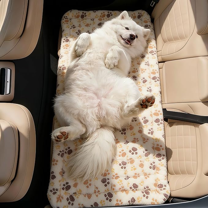 Dog Car Seat Cover for Back Seat, White Paw Print Flannel Pet Bed Mat, Non-Slip Waterproof Bottom, Washable Dog Bed & Seat Protector for Cars SUVs Trucks, Fits Backseat Extenders by ZHAOGIEBOND