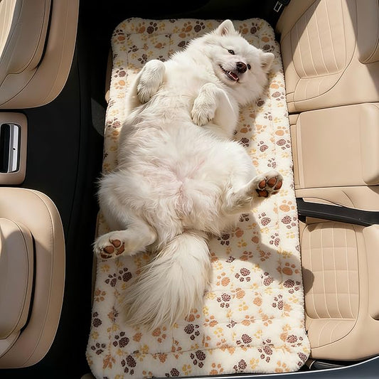 Dog Car Seat Cover for Back Seat, White Paw Print Flannel Pet Bed Mat, Non-Slip Waterproof Bottom, Washable Dog Bed & Seat Protector for Cars SUVs Trucks, Fits Backseat Extenders by ZHAOGIEBOND
