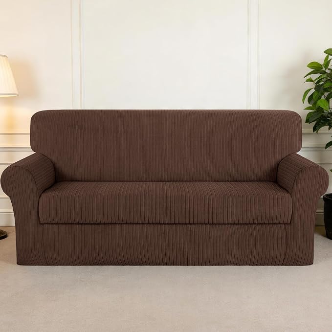 Sofa Cover Stretching Skid Resistance Couch Cover for Pets Washable, Thick and Durable Soft High Spandex Striped Pattern Sofa Covers, Form Fitted Sofa Slipcover(Sofa, Chocolate) - Image 7