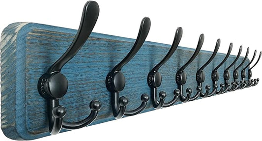 Dseap Coat Rack Wall - Heavy-Duty 38-1/4" Long, with Reinforced 10 Custom Tri-Hooks, Solid Wood Wall Hanger for Coats Hat Jackets - Rustic Farmhouse Entryway Hallway Storage, Weathered Blue & Black by Dseap
