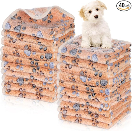 Chumia 40 Pcs Dog Blankets Soft Fluffy Fleece Washable Puppy Sleep Blankets Small Mat for Pets Throw Warm Bed Mat for Dog Puppy Cat (Brown,Paw) by Chumia