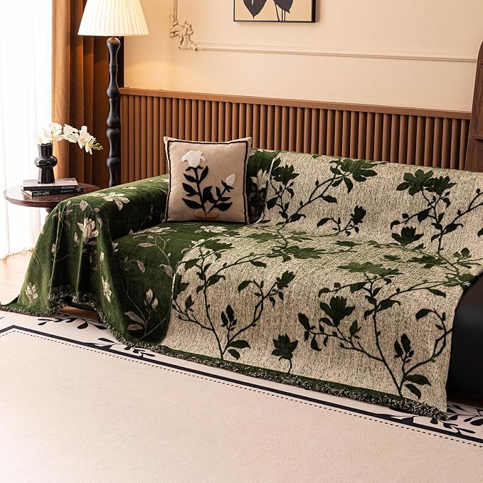 STACYPIK Garden Floral Green Couch Cover Vintage Jacquard Chenille Sofa Cover Reversible, Botanical Floral Couch Slipcover for 2 Cushion Couch, Dog Loveseat Sofa Cover Versatile Throw Blanket-71X118IN - Image 4