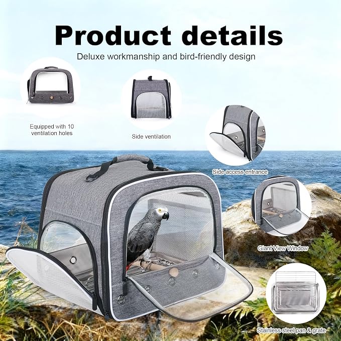 halinfer Bird Carry Carrier to Transport Large Size Parrot, Portable Bag with Metal Tray and Grid for Medium and Large Birds Like African Grey, Long Tail Cockatiel and Parrot - Image 3