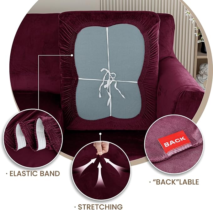 XINEAGE 3-Piece Velvet Loveseat Sofa Cover, Couch Covers for Dog,Wine Red | 2 Cushion Loveseat,Stretch Non-slip Elastic, Pet-friendly, Washable, Fast Setup, Soft Plush Fabric, Furniture Protector. - Image 7