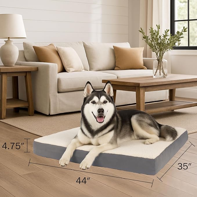 Orthopedic Dog Bed - 2-Layer 44x35-Inch Memory Foam Pet Mattress with Machine-Washable Sherpa Cover for Large Dogs up to 100lbs by PETMAKER (Gray) - Image 2