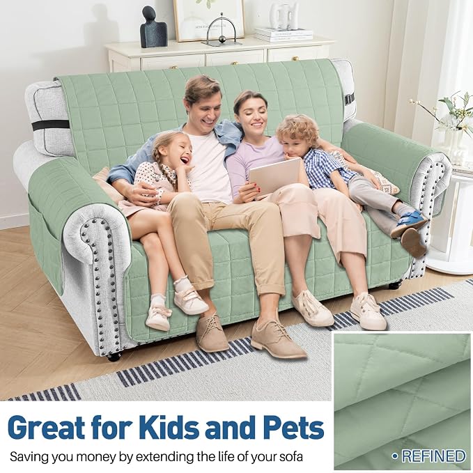 MAXIJIN Waterproof Love Seat Couch Covers 2 Cushion Sofa, 49" Quilted Loveseat Cover Slipcovers for Pets Dog Couch Cover Protector with Elastic Strap & Side Pocket (Loveseat, Mint Green) - Image 2