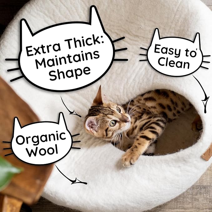 Extra Thick Felted Wool Cat Cave Bed Your Pet Will Love - Cozy and Warm Hideaway for Sleeping & Relaxing - Large and Small Pets - 100% Organic, Durable, Long-Lasting Comfort (Snow White, Small) - Image 3