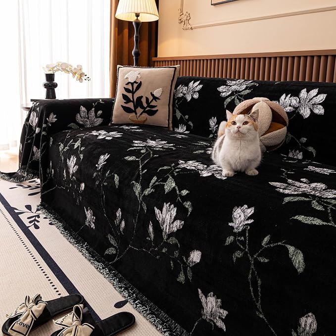 STACYPIK Vintage Botanical Floral Couch Cover Garden Floral Black Jacquard Sofa Covers for 3 Cushion Couch Pet-Friendly, Textured Couch Covers for Dogs Protector Throw Slipcover Blanket-71X150IN - Image 4