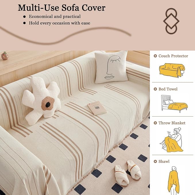 DREAMINGO Couch Cover Washable Chenille Sofa Protector for Pet Kids Beige Coffee Loveseat Couch Covers for 2 Cushion Couch Stripe Jacquard Versatile Sofa Throw Slipcover for Futon Couch, 71"x102" - Image 6