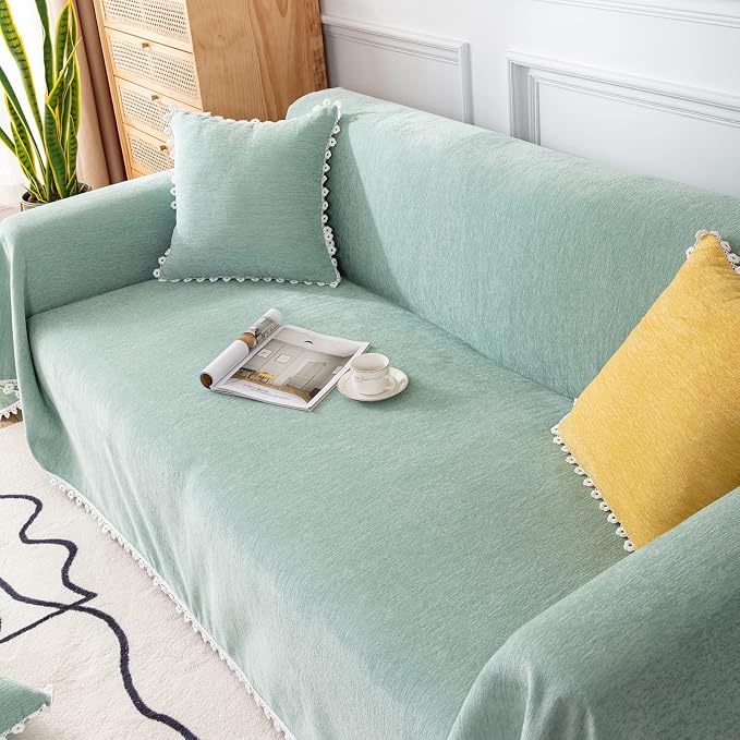 VClife Fresh Sage Green Couch Cover for Sectional Sofa, Soft Chenille Dog Couch Cover for 2 Cushion Couch Pet Friendly Sofa Slipcover Washable Sofa Covers with Floral Lace, 71"X118" - Image 7