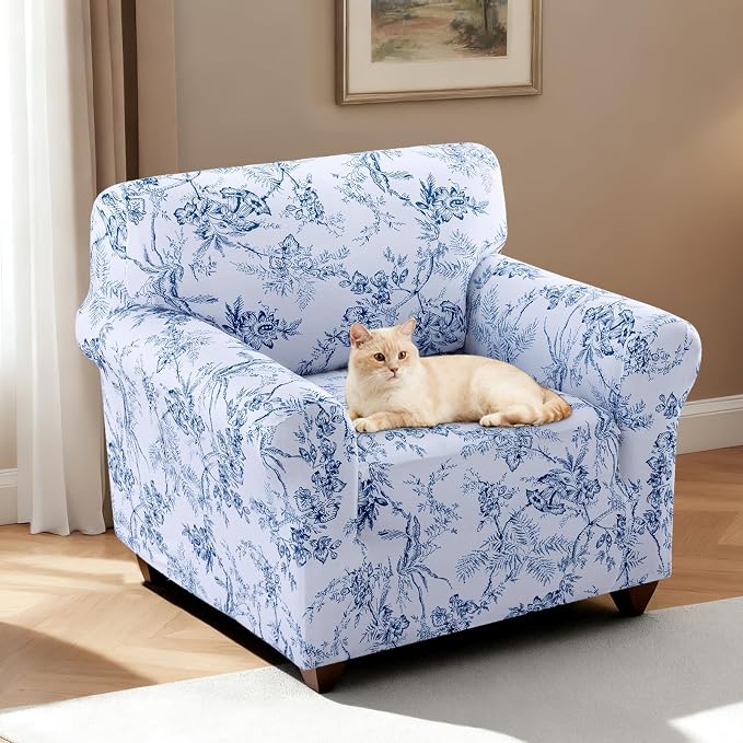 H.VERSAILTEX Printed Chair Covers for Living Room Floral Pattern Sofa Slipcovers Stretch Couch Covers Washable Couch Protector for Dogs(Garden Bliss-Blue,Chair) - Image 2