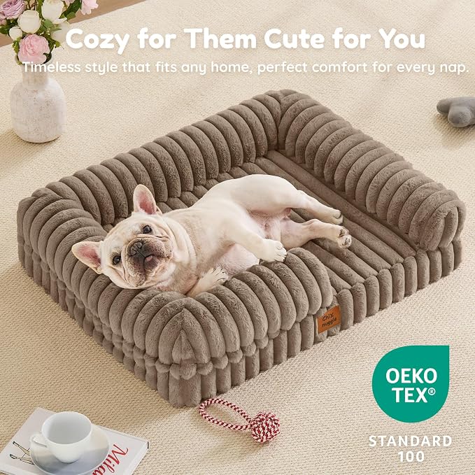 ChiXnuggle Faux Fur Orthopedic Dog Bolster Bed, Waterproof Washable Cover | rectangular dog sofa couch,egg crate foam,non-slip bottom,for small medium dogs,taupe,30*24*7,puppy bed - Image 8